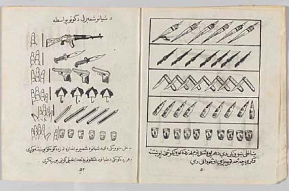 a page from a counting textbook that uses pistols, rifles, pens, knives, umbrellas, shells and cups as counting symbols
