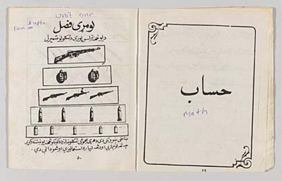 a page from an Afghanistani textbook that uses grenades, rifles and shells as symbols